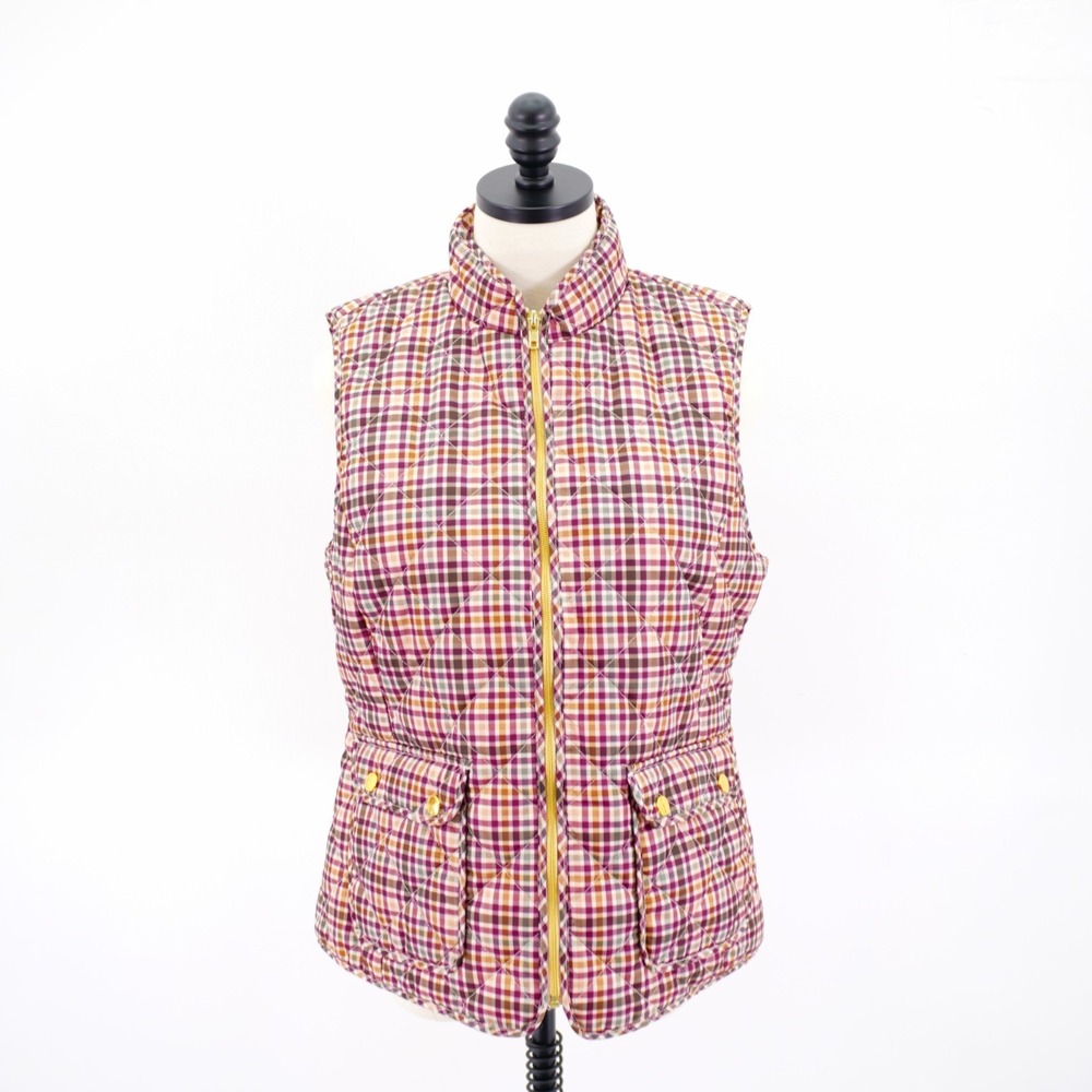 St. John's Bay Medium Puffer Vest Full Zip Pocket Front Red Yellow Plaid